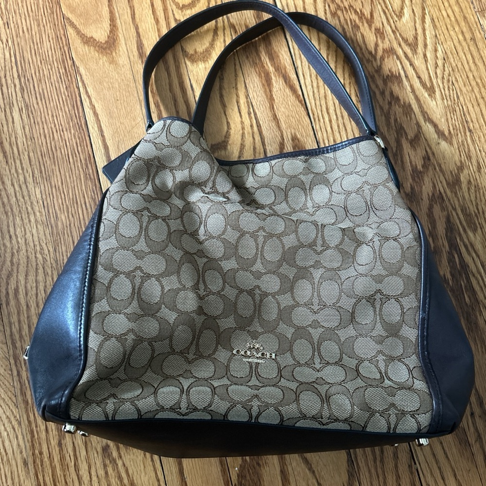 Coach Tan and Black Signature Tote Bag